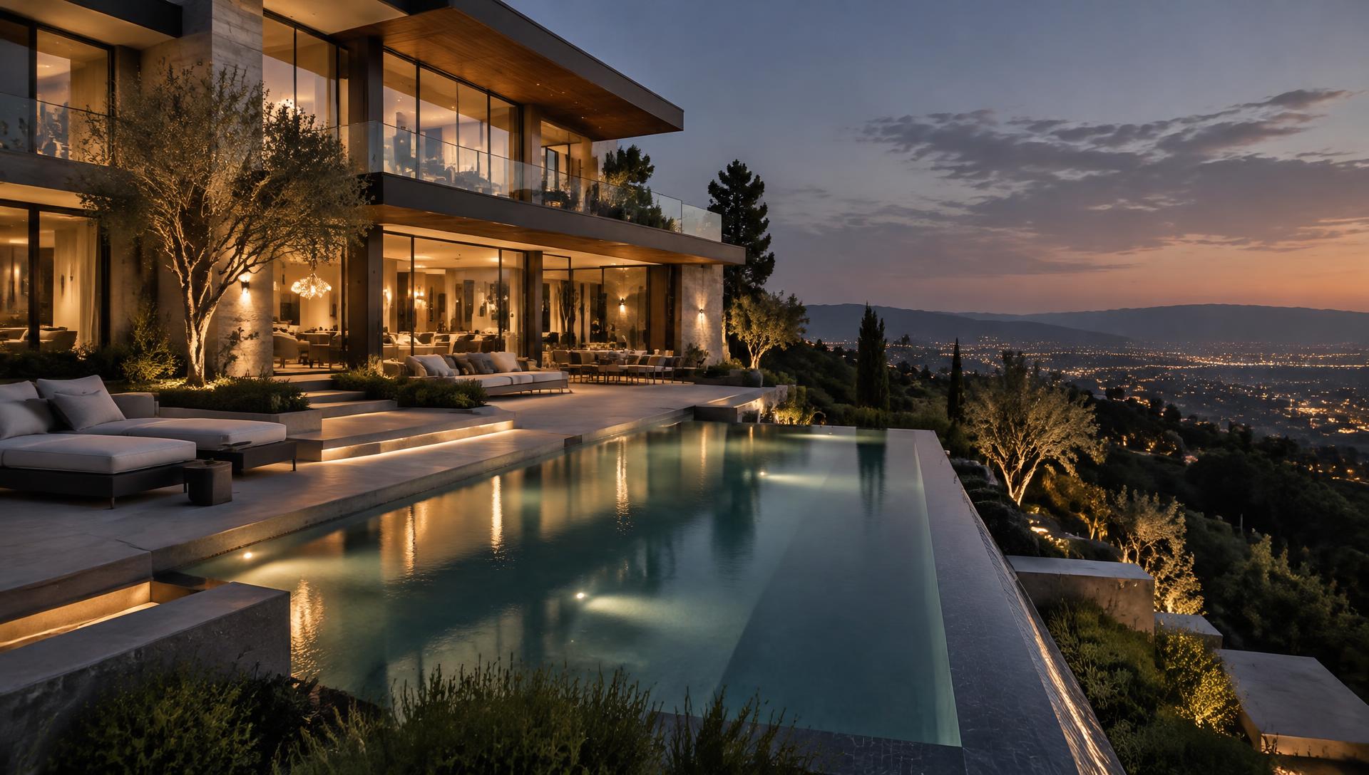 Arquitectura contemporánea con piscina y vista panorámica al atardecer