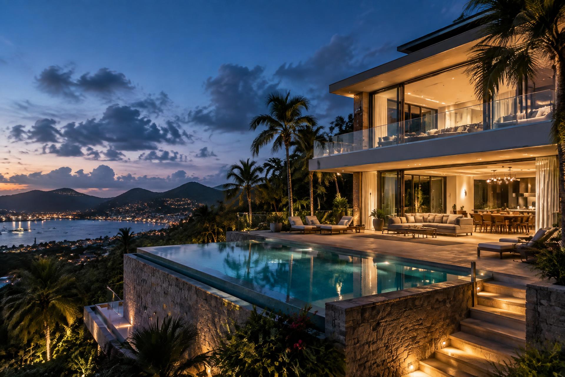 Villa moderna de lujo al atardecer con piscina infinita y vista al mar