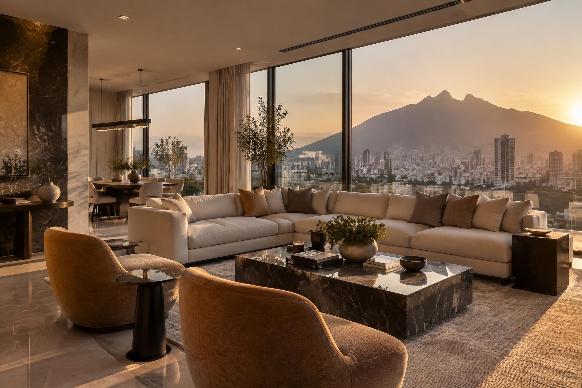 Sala de un penthouse contemporáneo con vista panorámica a la ciudad